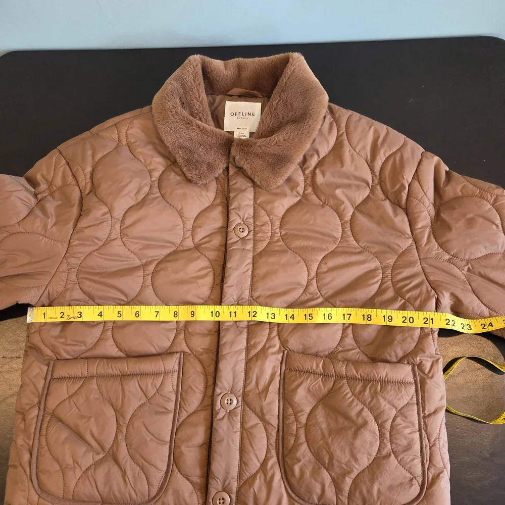 OFFLINE by Aerie Real Luxe Quilted Puffer Jacket Faux Fur Collar Brown Small - Picture 6 of 12